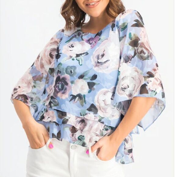 Alex Evenings tiered Asymmetrical hem Blue floral blouse size 3X - Picture 1 of 14